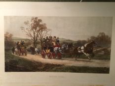Unframed print entitled Behind Time depicting two Road Coaches - Comet and High Flyer, by Gilbert