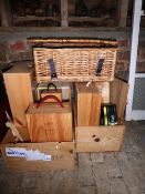 A quantity of wooden wine boxes and a small wicker basket