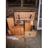A quantity of wooden wine boxes and a small wicker basket