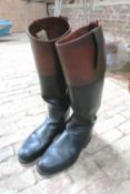 Pair of long mahogany topped black leather riding boots, approx. size 9