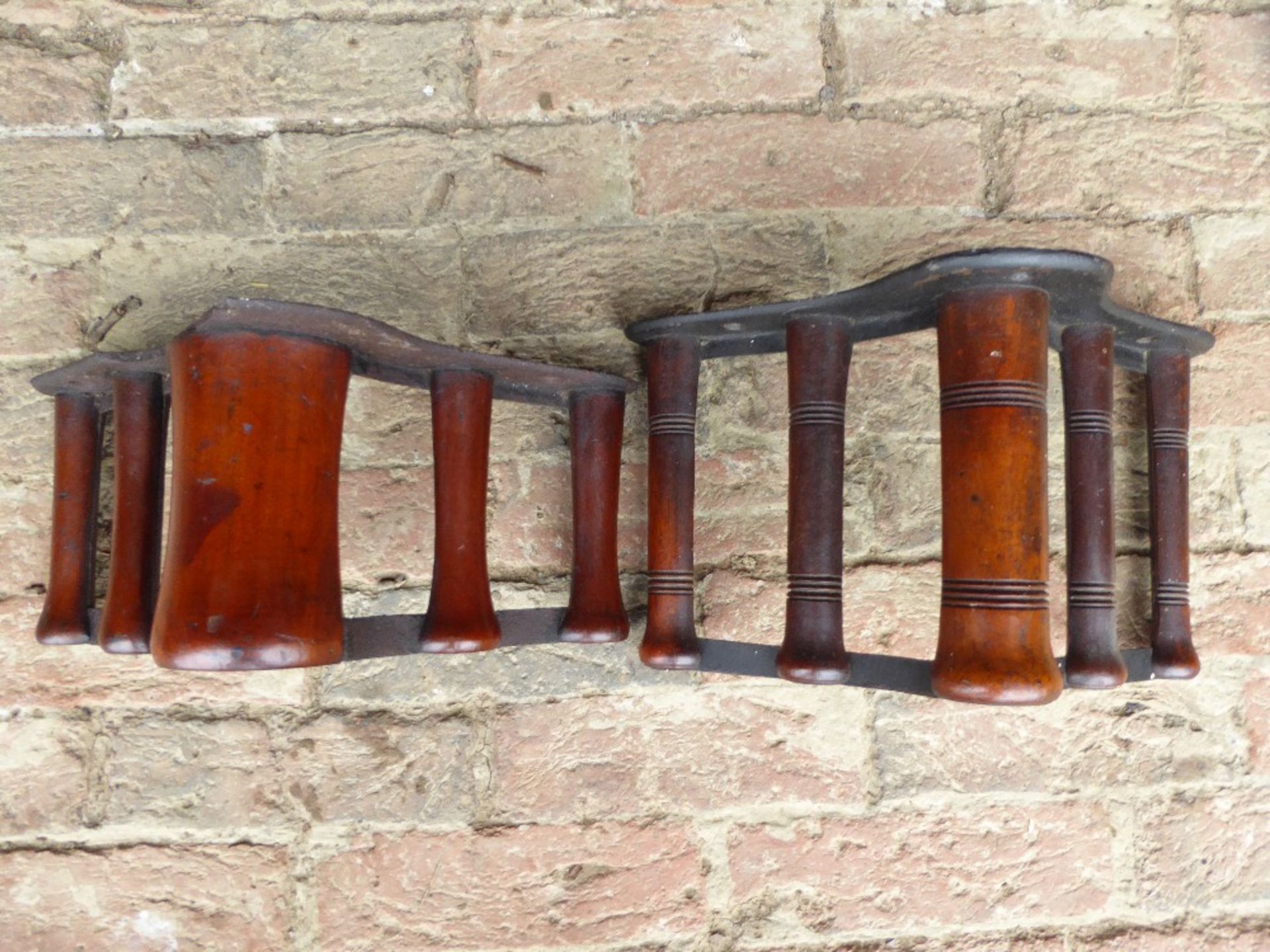 Two mahogany and metal racks (one pad/one bridle) by Musgrave, Belfast (pad rack damaged) - Image 2 of 2