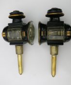 Pair of black/brass round fronted carriage lamps (1 with convex lens) and pie crust tops, engraved