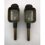 Pair of black/brass rectangular carriage lamps with pie crust tops by William Wilson & Son,