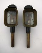 Pair of black/brass rectangular carriage lamps with pie crust tops by William Wilson & Son,