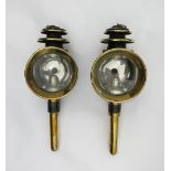 Pair of black/brass round fronted carriage lamps with pagoda tops. Measuring 17½ins long x 6ins