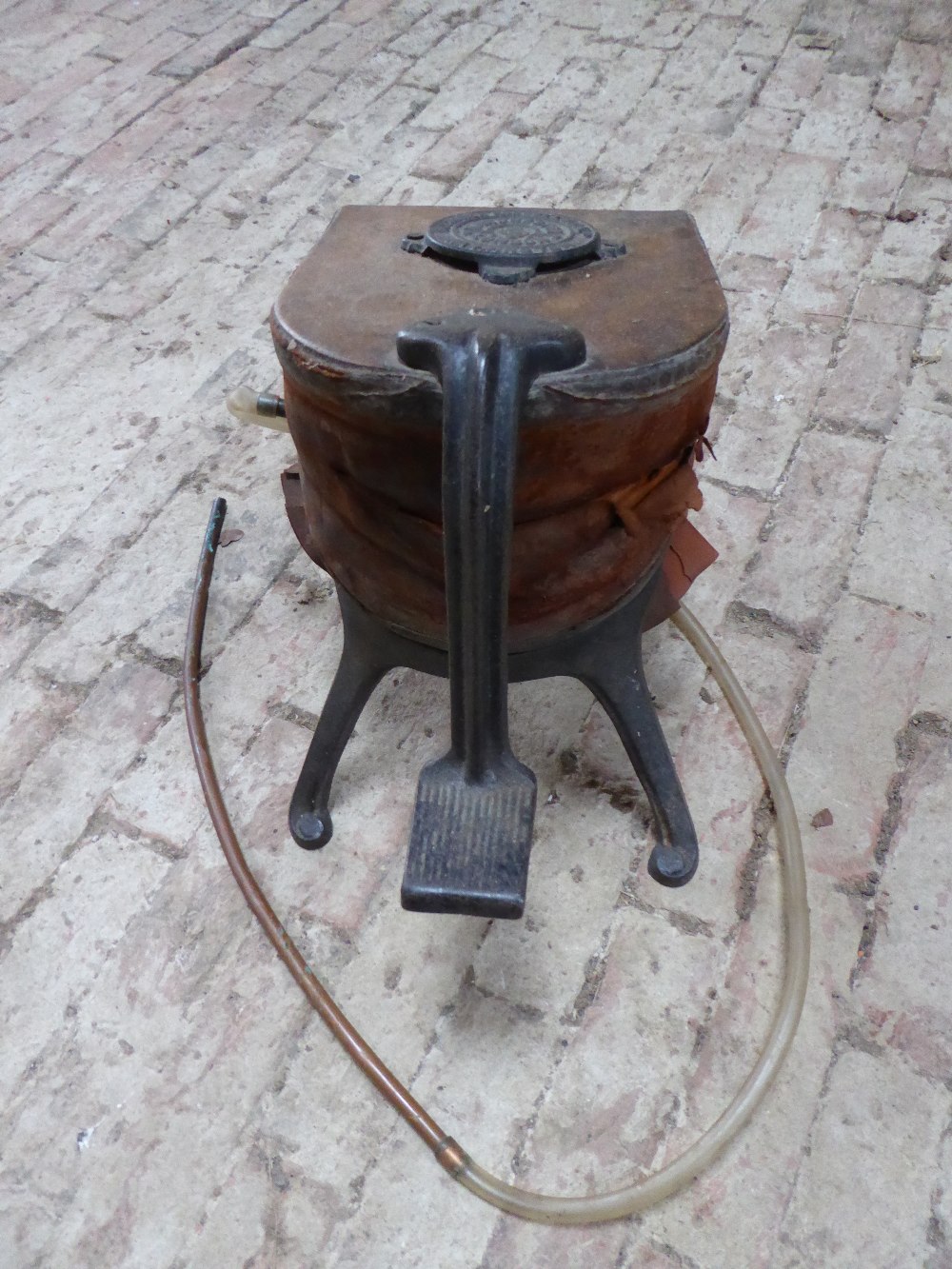 A set of Fletcher Russell & Co. of Warrington foot-operated bellows with maker's plate. Leather