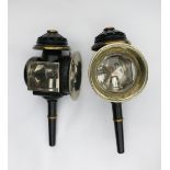 Pair of black/brass Brake lamps with round fronts and pie crust tops. Measuring 21ins long x 8½ins
