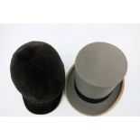 Velvet hunting cap by Lock and Co., size 7 3/8 and a grey top hat by Lincoln Bennett & Co. both