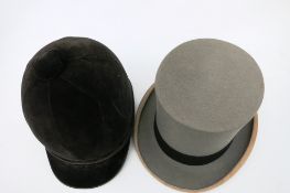 Velvet hunting cap by Lock and Co., size 7 3/8 and a grey top hat by Lincoln Bennett & Co. both