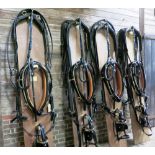 An exceptional complete TEAM set of black/patent leather/brass full size harness, the tan coloured