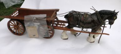 Wooden model of a Yorkshire wagon and a china model Shire horse by Melba Ware. Length 37ins