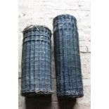 Two black painted wicker umbrella baskets and a wicker coach horn case