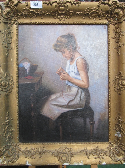 Large gilt framed oil on board of a young lady crocheting, frame a/f, not signed. Frame size 90cms x - Image 2 of 2