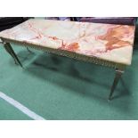 Rectangular onyx top on brass base coffee table, 120cms x 50cms x 50cms. Estimate £30-40.