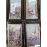 Set of 4 oil on wood paintings set in ebonised dark wood frames depicting Mediterranean market
