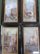 Set of 4 oil on wood paintings set in ebonised dark wood frames depicting Mediterranean market