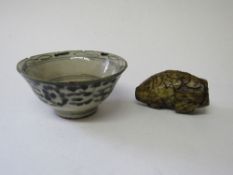 Oriental bowl with some damage & a jade snuff bottle in the shape of a fish.
