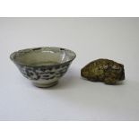 Oriental bowl with some damage & a jade snuff bottle in the shape of a fish.