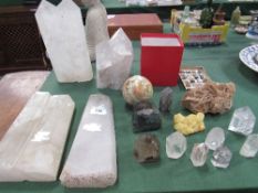 Collection of various precious stones including a large quartz point & a double quartz