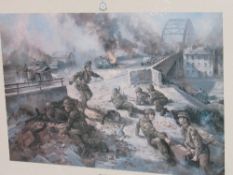 Framed First Edition print 'The Bridge at Arnhelm' signed by Major John Frost. Estimate £10-20.