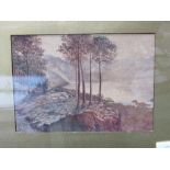 Gilt framed watercolour of lake scene & 2 framed & glazed Asian embroidered scenes. Estimate £10-