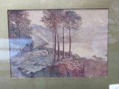 Gilt framed watercolour of lake scene & 2 framed & glazed Asian embroidered scenes. Estimate £10-