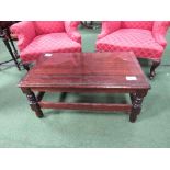 Oak coffee table with glass protector, 90cms x 52cms x 41cms. Estimate £5-10.