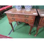 Late 18th century mahogany low boy with 3 drawers to turned legs on pad feet. Estimate £30-50.