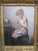 Large gilt framed oil on board of a young lady crocheting, frame a/f, not signed. Frame size 90cms x