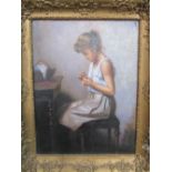 Large gilt framed oil on board of a young lady crocheting, frame a/f, not signed. Frame size 90cms x