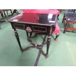 Ebonised & ormolu display table with drawer and drop sides, 63cms x 42cms x 70cms. Estimate £40-50.