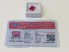 Natural pink emerald cut sapphire, wt 7.27 carat, with certificate. Estimate £50-70.