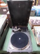 Decca wind-up gramophone c/w handle & case of 78rpm records. Estimate £40-60.