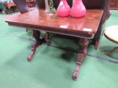 Victorian Rosewood display table on 2 heavy carved pedestal supports, 107cms x 71cms x 74cms.