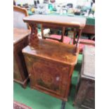 Profusely inlaid burr walnut music cabinet with framed central cartouche depicting a laurel ring