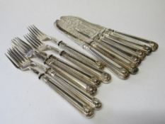 Set of 6 decorative silver plated fish knives & forks. Estimate £10-20.