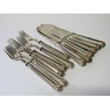 Set of 6 decorative silver plated fish knives & forks. Estimate £10-20.