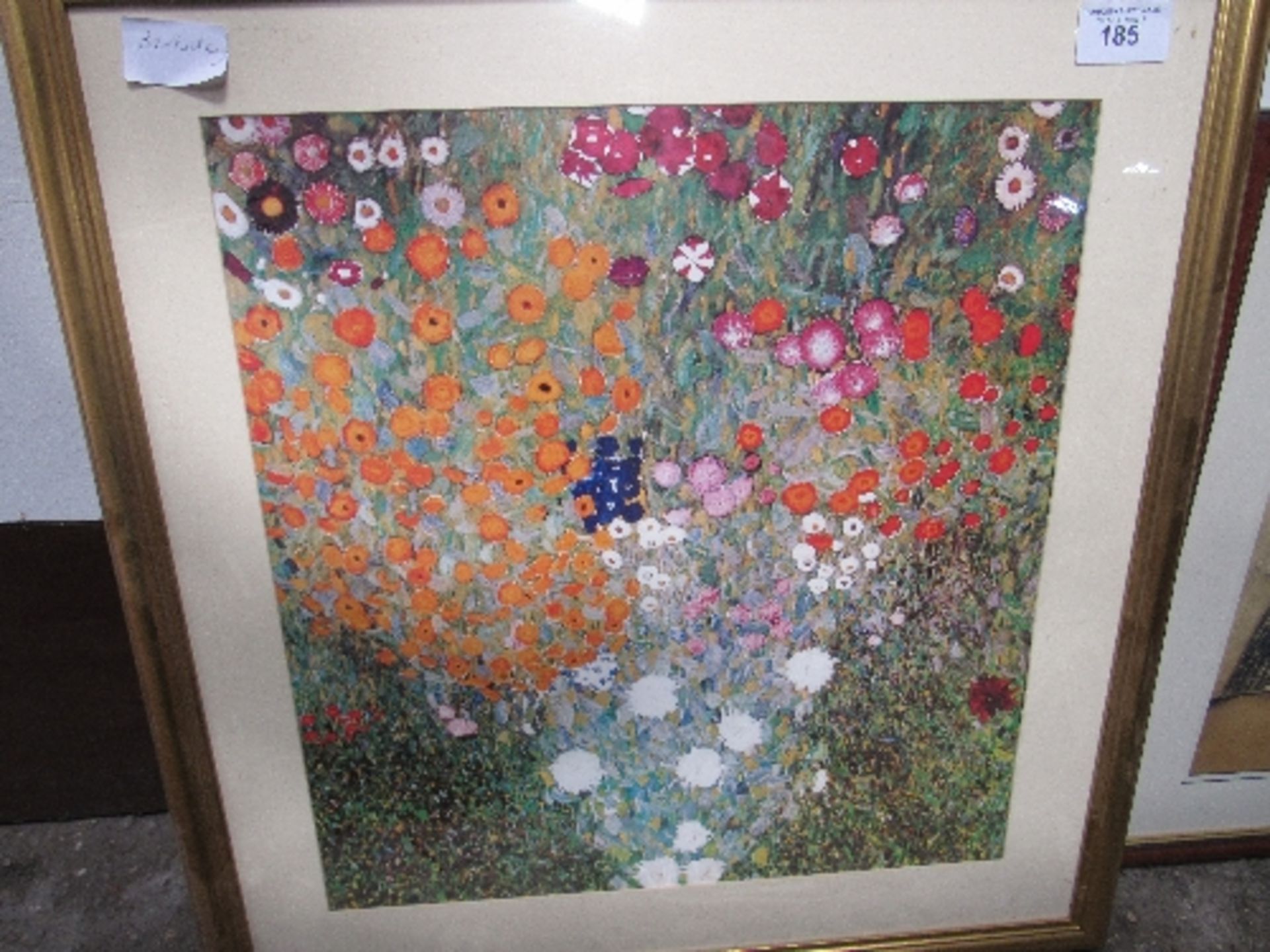 Framed & glazed floral Klimt print, 83cms x 86cms. Estimate £10-20.
