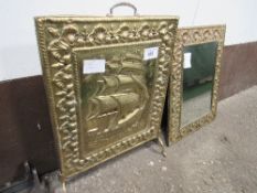 Brass fire screen & brass frame mirror. Estimate £20-25.