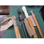 4 various walking sticks including 1 with silver ferrule. Estimate £10-20.