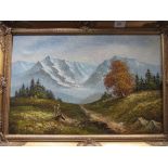 Gilt framed oil on canvas of mountain & forest scene, signed A Mortino, 75cms x 105cms.