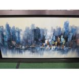 Large framed oil on canvas of New York sky line, signed Richardson, 107cms x 93cms. Estimate £40-