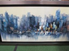 Large framed oil on canvas of New York sky line, signed Richardson, 107cms x 93cms. Estimate £40-