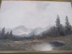 Oil on canvas landscape of lake & mountains signed K Schmidbauer, 73cms x 103cms. Estimate £40-50.