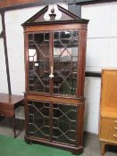 Large Edwardian mahogany corner display cabinet with glass panel doors & shaped shelves (broken