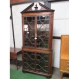 Large Edwardian mahogany corner display cabinet with glass panel doors & shaped shelves (broken