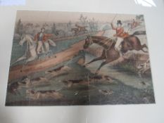 4 framed & glazed prints of Newmarket Races & 1 other hunting print. Estimate £5-10.