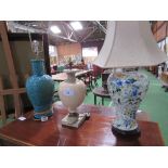 Ceramic basket effect table lamp (repaired), vase shaped table lamp & floral base table lamp.