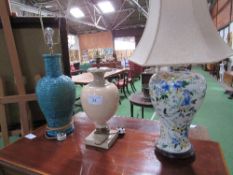 Ceramic basket effect table lamp (repaired), vase shaped table lamp & floral base table lamp.