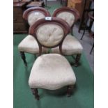 3 upholstered seat mahogany dining chairs. Estimate £30-50.